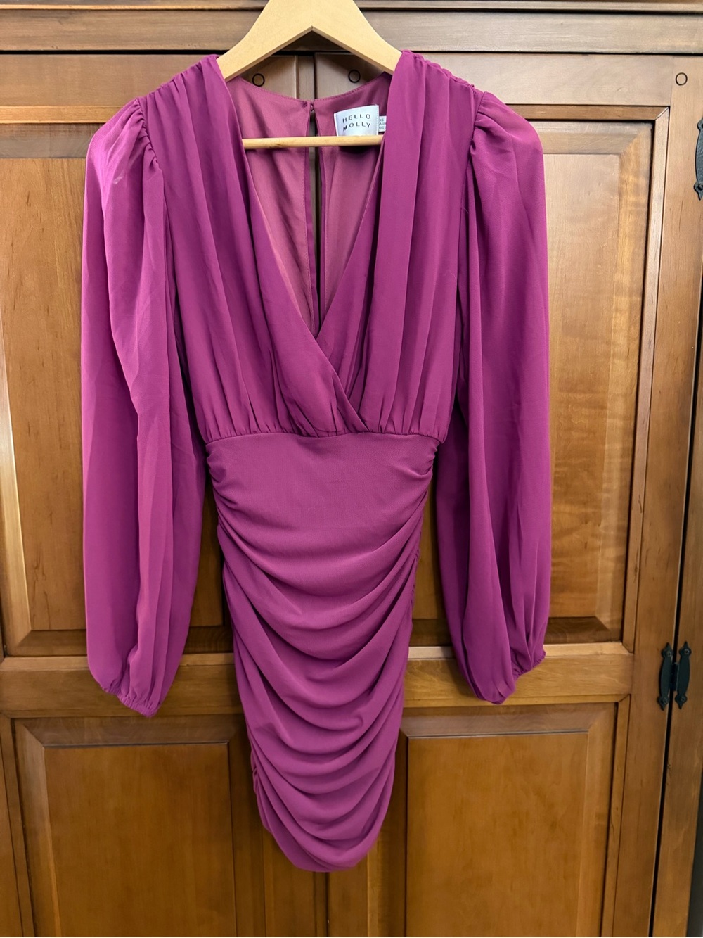 Hello Molly Fuchsia Ruched V-Neck Long Sleeve Dress